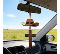 Cowboy Hat & Cross Car Charm, Western Rearview Mirror Ornament, Cowboy Hat with Cross for Car Mirror Hanging, Hanging Pendant Decor for Cars & Home, Gift for Style & Faith (Coffee)