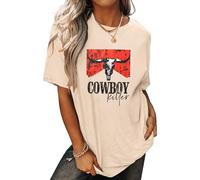 Cowboy Killer - Camiseta de manga corta con cuello redondo y estampado de calavera de toro para mujer, estilo retro, Albaricoque, X-Large