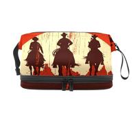 Cowboys Riding Horses on Red Wooden Double Layer Cosmetic Bag for Women and Girls Travel Toiletry Bag Makeup Handy Pouch Organizer Bag with Brush compartment, multicolor, 27x15x14 cm/10.6x5.9x5.5 in,