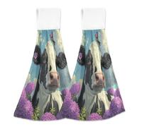 Cows in The Flowers - Toallas de mano de cocina con trabillas para colgar, toalla de mano absorbente de forro polar coral, toalla seca suave, toalla seca de secado rápido, decoración de primavera