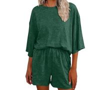Cowyams Conjunto de 2 piezas para mujer de manga corta, tops y pantalones cortos de gimnasio, ropa de salón holgada, traje de viaje de un solo color, elegante juego de aeropuerto, verde, S