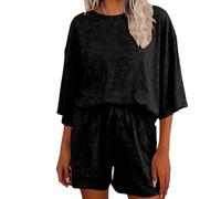 Cowyams Conjunto de 2 piezas para mujer de manga corta, tops y pantalones cortos de gimnasio, ropa de salón holgada, traje de viaje de un solo color, elegante juego de aeropuerto, Negro , S