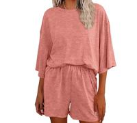 Cowyams Conjunto de 2 piezas para mujer de manga corta, tops y pantalones cortos de gimnasio, ropa de salón holgada, traje de viaje de un solo color, elegante juego de aeropuerto, Rosa., S