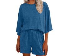 Cowyams Conjunto de 2 piezas para mujer de manga corta, tops y pantalones cortos de gimnasio, ropa de salón holgada, traje de viaje de un solo color, elegante juego de aeropuerto, azul, S