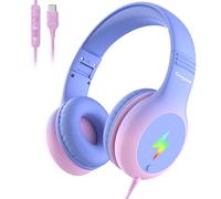 Cowyawn Auriculares para niños con luces LED, auriculares USB tipo C para niños con micrófono, limitador de volumen 85/94 dB, auriculares USB C con cable para niños, niñas, escuela, tableta, viajes