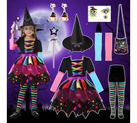 COYBTO Disfraz de Bruja para Niñas con Sombrero Mágico y Bolsa, Vestido de Fiesta para Halloween y Carnaval, Cosplay Infantil (130cm)