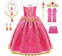 COYBTO Disfraz de Princesa Niña, Vestido Rapunzel Bella Durmiente Con Conjuntos de Collar y Corona, Sofia Rapunzel Para Fiesta Cosplay (Rojo, 120)
