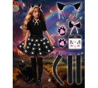 COYBTO Disfraz Gato Negro para Niña,Disfraz de Gata Negra con Luz LED Diadema de Gato, Orejas de Gato, Pajarita, Cola, Pegatinas Faciales, Disfraz de Princesa para Navidad Carnaval Cumpleaños Cosplay