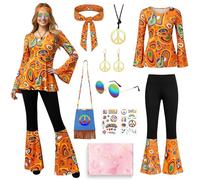 COYBTO Disfraz Hippie Mujer, Disfraz Años 70, Top Retro y Pantalones de Manga Acampanada, Disfraz Mujer Carnaval para Halloween, Carnaval, Fiestas Disco Hippies, Cosplay Años 60 y 70 (Naranja, L)