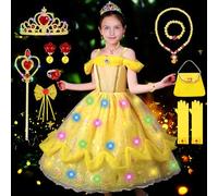 COYBTO Disfraz Princesa Luminosa Niña, Disfraz Cenicienta Bella y Bestia Rapunzel Niña con Luces Corona Princesa Brillante, Vestido Princesa Niña, Disfraz de Princesa para Fiesta Cosplay