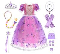 COYBTO Disfraz Princesa Niña, Disfraz Rapunzel Bella Durmiente con Conjuntos de Collar de Corona Princesa, Vestido Princesa Niña, Sofia Rapunzel Disfraz de Princesa para Fiesta Cosplay (Púrpura, 110)