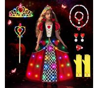COYBTO Disfraz Princesa Niña Luminoso, Set Reina de Corazones Con Corona Luminosa y Collar, Cosplay Vestido Para Cumpleaños Fiesta Halloween Navidad Carnaval 3-8 Años
