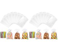 Cozary 200 Piezas Bolsas Celofan Transparente, 25 x 15 cm Pequeñas Bolsas Regalo con Correas de Colores, OPP Bolsa Chuches para Fiestas de Cumpleaños Infantiles (Paquete de 2)