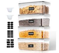 Cozary 3.2L Botes Cocina Almacenaje de Plástico 4 Piezas, Recipientes Herméticos Para Alimentos,Contenedores Cocina con Tapa y Etiqueta y Cuchara Dosificadora, para Cereales, Pasta, Harina y Azúcar