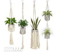 Cozary 4 Piezas Colgadores de Macramé para Plantas, Cesta de Cuerda de Algodón para Colgar Macetas de Pared con S Gancho, para Interior Exterior Pared Decoración