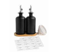 Cozary Aceitera Antigoteo, Juego de 2 en Vidrio Borosilicato - 500ml Negro, con Vertedor Ponderado Cierre Automático, Bandeja de Bambú (Set Completo)