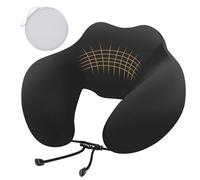 Cozary Almohada de viaje en forma de U, cojín cervical con funda de seda helada, soporte ergonómico de 360° con espuma viscoelástica, cordón ajustable, estuche rígido - Para avión, coche, tren - Negro