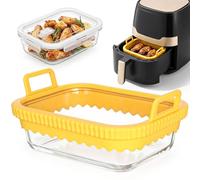 Cozary Bandeja Horno Cristal para Air Fryer con Asa de Silicona y Tapa, Bandeja de Vidrio Borosilicato, Apta para Horno y Microondas, 21 x 16 x 6.5cm