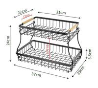 Cozary Cesta de Frutas Metal 2 Pisos, Moderno, Frutero con 2 Bandejas, 2 Ganchos, Fruteros de Cocina para Almacenamiento y Organización Verduras, Fruta, Pan, Ahorra Espacio en Cocina, 37x24x23cm
