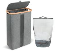 Cozary Cesto Ropa Sucia con Tapa 60L, Cesta Ropa Sucia con Bolsa Interior Extraíble y Lavable, Asas de Bambú, para Ropa, Juguetes, Toallas, para Dormitorio, Baño, Lavandería (Gris)
