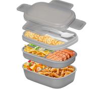 Cozary Fiambreras Comida Trabajo 3 Capas, 1900ML Lunch Box con Compartimentos Cubiertos para Adultos, Sin BPA, Seguro para Microondas, Bento Box para Oficina, Escuela, Gris