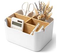 Cozary Organizador de Escritorio de Madera, Portalápices con 5 Compartimentos Desmontables, Organizador para Útiles Escolares, Cosméticos y Accesorios, Diseño Compacto Ahorra Espacio