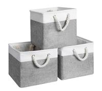 Cozary Set de Cestas de Almacenaje 28x28x28 cm - Plegables - Cesta de Almacenaje con Marco Metálico y Asas de Algodón - Cesta de Tela para Estante, Armario y Ropa - Gris/Blanco - 3-Pack