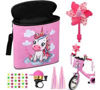 COZCLAM Cesta de Bicicleta para Niños, Bolsa para Manillar con Timbre, Rueda de Viento, Serpentinas (Rosa)