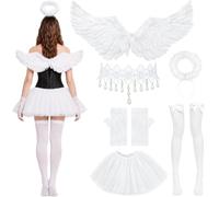 CozDazz Juego de 6 disfraz de ángel para mujer con alas de ángel, diadema de halo, gargantilla de encaje, guantes de encaje, falda de tul y calcetines hasta la rodilla para Halloween, carnaval, fiesta