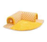 Cozy 2-in-1 Cat Tunnel Bed, Soft and with A Tunnel, Detachable Cushion, and Two Plush Balls For Play. Non-Slip Bottom For Kittens, Ferrets, and Puppies, Perfect For Indoor Comfort. Yellow.