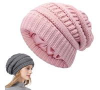 Cozy Cable Knit Beanie, Winter Chunky Stretchy Slouchy Beanie with Warm Satin Lined for Women Men (Pink)