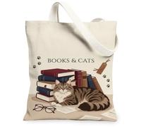Cozy Cat and Literary Quote Tabby Fanciful - Bolsa de lona de 13 x 15 | Ilustración de gato atigrado, tema literario, ambiente de lectura acogedor, diseño artístico fantástico, detalles de patas
