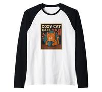 Cozy Cat Café Vintage Estilo Japonés Camiseta Manga Raglan