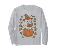 Cozy Fall Ghost Reading on Pumpkin Retro Halloween Vibes Manga Larga