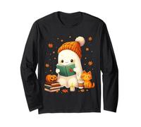 Cozy Ghost Bookworm Cat Pumpkin Books, Lindos Libros para Halloween Manga Larga