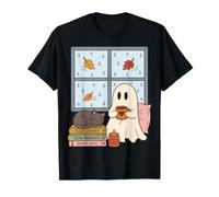 Cozy Ghost Rainy Day Reading Cat Coffee Lover Halloween Camiseta