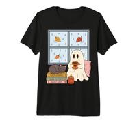 Cozy Ghost Rainy Day Reading Cat Coffee Lover Halloween Camiseta Premium