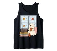 Cozy Ghost Rainy Day Reading Cat Coffee Lover Halloween Camiseta sin Mangas