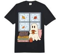 Cozy Ghost Rainy Day Reading Cat Coffee Lover Halloween Comfort Colors Adult Heavyweight T-Shirt