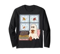 Cozy Ghost Rainy Day Reading Cat Coffee Lover Halloween Manga Larga