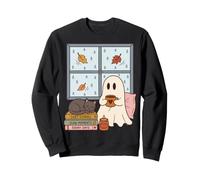 Cozy Ghost Rainy Day Reading Cat Coffee Lover Halloween Sudadera