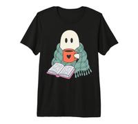 Cozy Ghost Reading Book Coffee Lover Bookish Spooky Season Camiseta Premium
