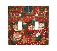 Cozy Gingerbread - Placa de cubierta doble para interruptor de luz con | Cacao caliente, galletas navideñas, luces de cadena, bayas de acebo, vista de ventana de invierno, decoración del hogar