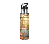 Cozy Kitchen2 - Botella de agua aislada de acero inoxidable a prueba de fugas y sudor, botella de agua al vacío con popote para gimnasio, deportes al aire libre, 600 ml