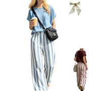 Cozy Loose-fit Striped Cotton-linen Two-piece Set,Summer Minimalist Shirt and Striped Wide-Leg Pants Cotton-Linen Suit (Blue, XXL)