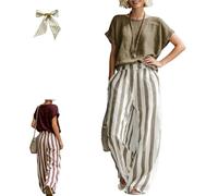 Cozy Loose-fit Striped Cotton-linen Two-piece Set,Summer Minimalist Shirt and Striped Wide-Leg Pants Cotton-Linen Suit (Khaki, XXL)