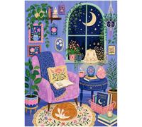 Cozy Reading Nook - Rompecabezas de 500 piezas para adultos, escena de habitación Cottagecore con ventana iluminada por la luna, plantas de interior, sillón floral, libros, lámpara y gato durmiente