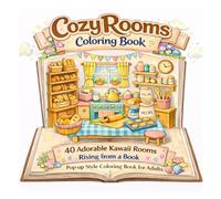 Cozy Rooms Coloring Book: 40 Adorable Kawaii Rooms Rising from a Book: Pop-up Style Coloring Book for Adults