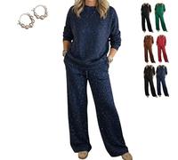 Cozy Travel Crew Neck Shiny Sweatshirt and Pant 2 Piece Lounge Sets, Womens Sparkly Glitter Sweatsuit Travel Outfits (Navy,3XL)