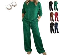 Cozy Travel Crew Neck Shiny Sweatshirt and Pant 2 Piece Lounge Sets, Womens Sparkly Glitter Sweatsuit Travel Outfits (Green,3XL)